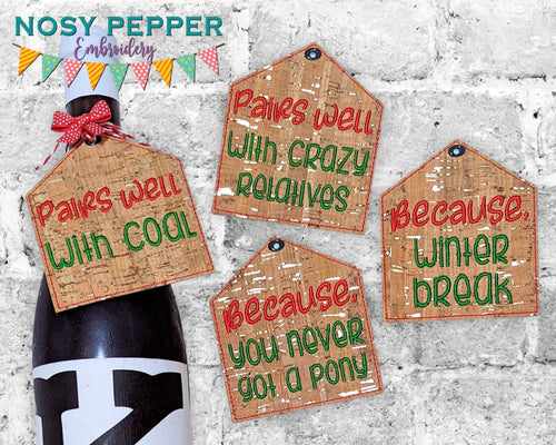 Snarky Christmas wine tag set of 4 machine embroidery designs (DIGITAL DOWNLOAD)