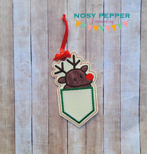 Load image into Gallery viewer, Reindeer Pocket ornament machine embroidery design DIGITAL DOWNLOAD