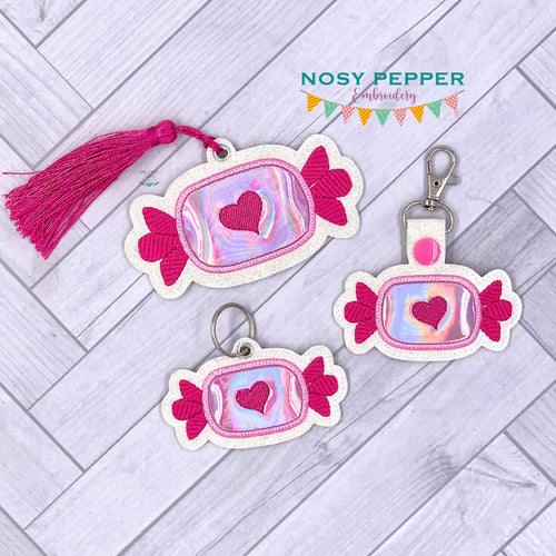 Valentine Candy applique set machine embroidery designs (includes bookmark/bag tag/ornament, eyelet fob and snap tab)