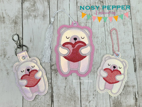 Heart bear machine embroidery design (includes applique bookmark/bag tag/ornament, eyelet fob and snap tab) DIGITAL DOWNLOAD