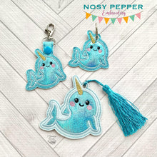 Load image into Gallery viewer, Narwhal Applique set machine embroidery designs (includes bookmark/bag tag/ornament, eyelet fob and snap tab) DIGITAL DESIGN