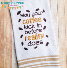 Load image into Gallery viewer, May Your Coffee Kick In machine embroidery design (4 sizes included) DIGITAL DOWNLOAD