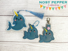Load image into Gallery viewer, Narwhal Applique set machine embroidery designs (includes bookmark/bag tag/ornament, eyelet fob and snap tab) DIGITAL DESIGN