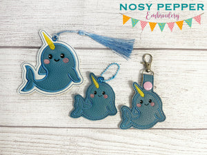 Narwhal Applique set machine embroidery designs (includes bookmark/bag tag/ornament, eyelet fob and snap tab) DIGITAL DESIGN