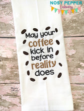 Load image into Gallery viewer, May Your Coffee Kick In machine embroidery design (4 sizes included) DIGITAL DOWNLOAD