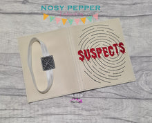 Load image into Gallery viewer, Suspects notebook cover machine embroidery file (2 sizes available) DIGITAL DOWNLOAD