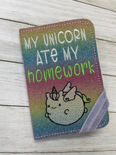 Load image into Gallery viewer, My Unicorn Ate My Homework notebook cover machine embroidery design (2 sizes available) DIGITAL DOWNLOAD