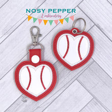 Load image into Gallery viewer, Baseball Heart applique eyelet fob and snap tab machine embroidery designs DIGITAL DOWNLOAD