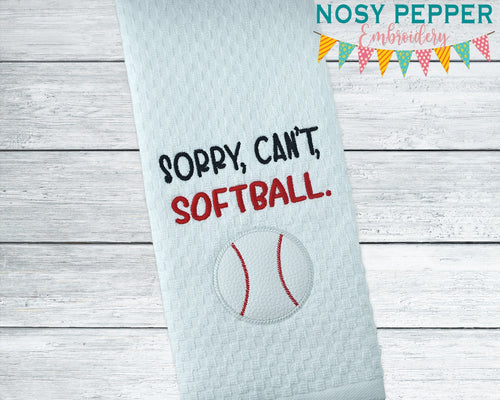Sorry, Can't, Softball applique machine embroidery design (5 sizes included) DIGITAL DOWNLOAD