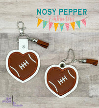 Load image into Gallery viewer, Football Heart applique eyelet fob and snap tab set machine embroidery design DIGITAL DOWNLOAD