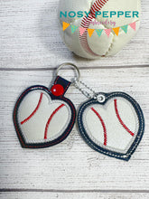 Load image into Gallery viewer, Baseball Heart applique eyelet fob and snap tab machine embroidery designs DIGITAL DOWNLOAD