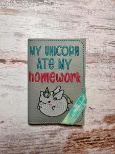 My Unicorn Ate My Homework notebook cover machine embroidery design (2 sizes available) DIGITAL DOWNLOAD