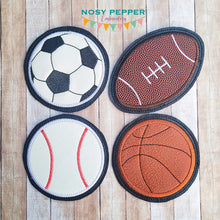 Load image into Gallery viewer, Sports Coaster appliqué set design machine embroidery design (4 designs included) DIGITAL DOWNLOAD