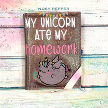 Load image into Gallery viewer, My Unicorn Ate My Homework notebook cover machine embroidery design (2 sizes available) DIGITAL DOWNLOAD
