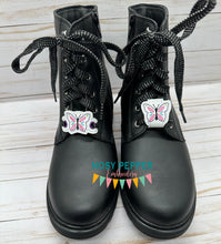 Load image into Gallery viewer, Butterfly Shoe Charm machine embroidery design (3 versions included) DIGITAL DOWNLOAD