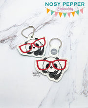 Load image into Gallery viewer, Panda Glasses Key Fob &amp; Snap Tab machine embroidery design (single &amp; multi files included) DIGITAL DOWNLOADPanda Glasses Key Fob &amp; Snap Tab sketchy