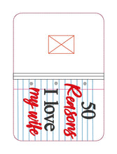 Load image into Gallery viewer, 50 Reasons I love my Husband/Wife Notebook Cover (2 sizes available) machine embroidery design DIGITAL DOWNLOAD