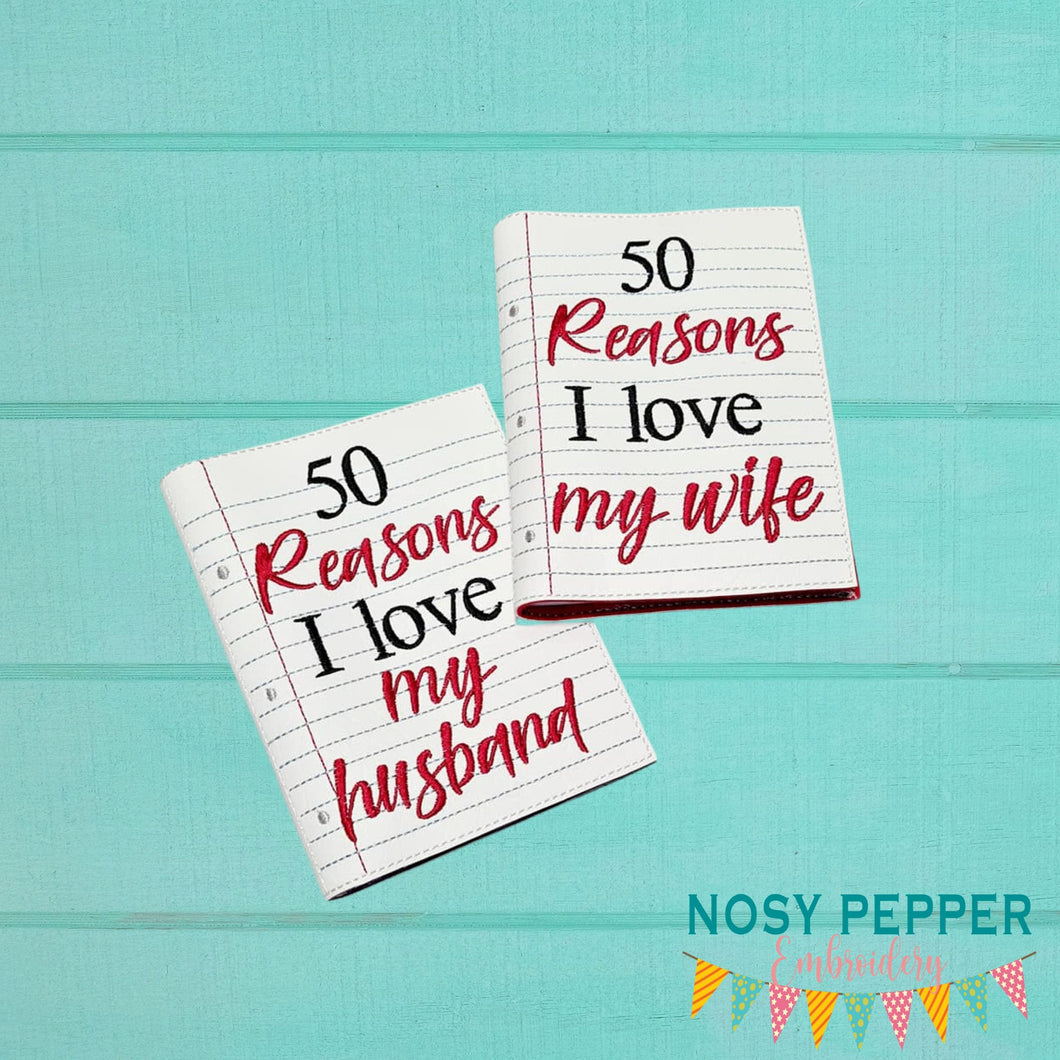 50 Reasons I love my Husband/Wife Notebook Cover (2 sizes available) machine embroidery design DIGITAL DOWNLOAD