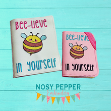 Load image into Gallery viewer, Bee-lieve in yourself notebook cover material embroidery design (2 sizes available) DIGITAL DOWNLOAD