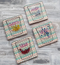 Load image into Gallery viewer, Shot Glass applique coaster set (set of 4) machine embroidery design DIGITAL DOWNLOAD