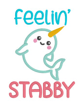 Load image into Gallery viewer, Feelin&#39; stabby narwhal applique machine embroidery design (4 sizes included) DIGITAL DOWNLOAD