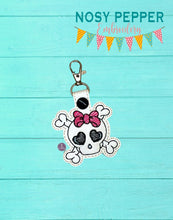 Load image into Gallery viewer, Bow Skull Snap tab (single and multi files included) machine embroidery design DIGITAL DOWNLOAD