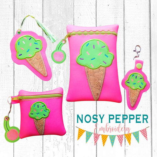 Ice Cream Applique Set (includes: snap tab, charms, bookmark, 4x4 & 5x7 ITH bags) machine embroidery design DIGITAL DOWNLOAD