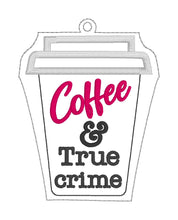 Load image into Gallery viewer, Coffee and true crime applique bookmark machine embroidery design DIGITAL DOWNLOAD