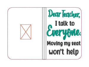 Dear Teacher notebook cover (2 sizes available) machine embroidery design DIGITAL DOWNLOAD