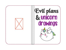 Load image into Gallery viewer, Evil plans &amp; Unicorn drawings Notebook Cover (2 sizes available) machine embroidery design DIGITAL DOWNLOAD