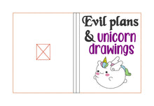 Load image into Gallery viewer, Evil plans &amp; Unicorn drawings Notebook Cover (2 sizes available) machine embroidery design DIGITAL DOWNLOAD