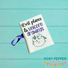 Load image into Gallery viewer, Evil plans &amp; Unicorn drawings Notebook Cover (2 sizes available) machine embroidery design DIGITAL DOWNLOAD