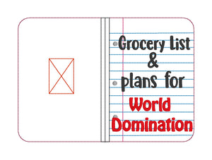 Grocery List and World Domination notebook cover (2 sizes available) machine embroidery design DIGITAL DOWNLOAD