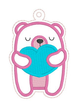 Load image into Gallery viewer, Heart bear machine embroidery design (includes applique bookmark/bag tag/ornament, eyelet fob and snap tab) DIGITAL DOWNLOAD
