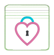 Load image into Gallery viewer, Heart lock applique ITH Bag and charm machine embroidery design (5 sizes available) DIGITAL DOWNLOAD