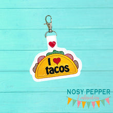 Load image into Gallery viewer, I heart Tacos snap tab (single and multi files included) machine embroidery design DIGITAL DOWNLOAD