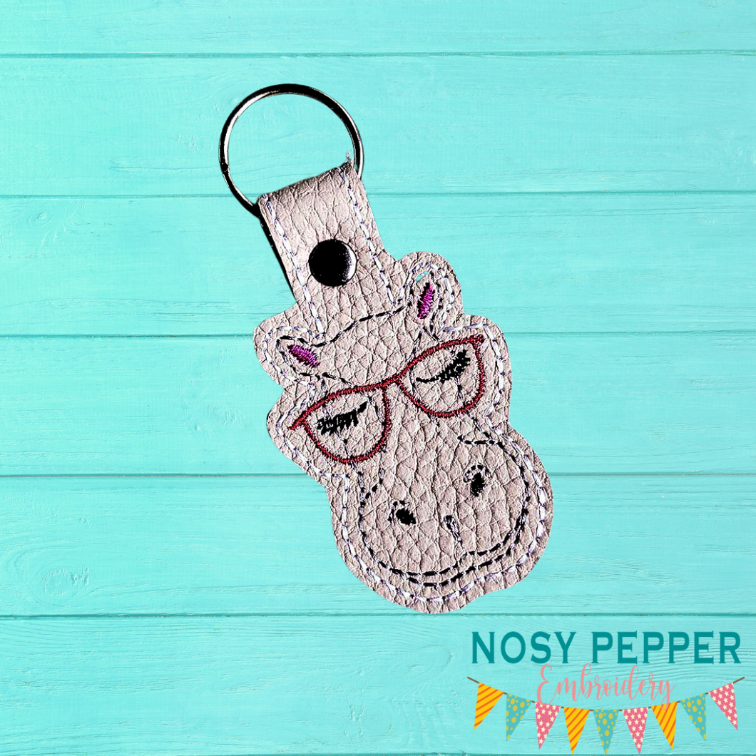 Hippo Glasses Snap tab 4x4 machine embroidery design DIGITAL DOWNLOAD