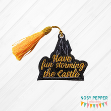 Load image into Gallery viewer, Have fun storming the castle bookmark/ornament 4x4 machine embroidery design DIGITAL DOWNLOAD
