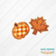 Load image into Gallery viewer, Leaf and Pumpkin Applique Coaster Set 4x4 machine embroidery design DIGITAL DOWNLOAD