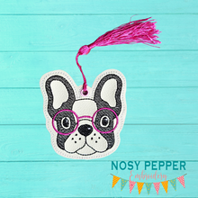 Load image into Gallery viewer, Frenchie in glasses Bookmark/Ornament 4x4 two versions included machine embroidery design DIGITAL DOWNLOAD