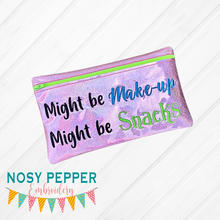 Load image into Gallery viewer, Might be make up Might be Snacks ITH bag (4 sizes available) lined machine embroidery design DIGITAL DOWNLOAD