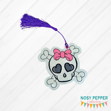 Load image into Gallery viewer, Bow Skull sketch Bookmark/Ornament 4x4 machine embroidery design DIGITAL DOWNLOAD