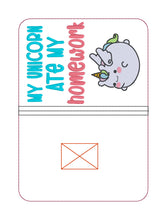 Load image into Gallery viewer, My Unicorn Ate My Homework notebook cover machine embroidery design (2 sizes available) DIGITAL DOWNLOAD