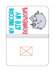 My Unicorn Ate My Homework notebook cover machine embroidery design (2 sizes available) DIGITAL DOWNLOAD