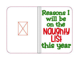 Reasons I will be on the naughty list notebook cover (2 sizes available) machine embroidery design DIGITAL DOWNLOAD