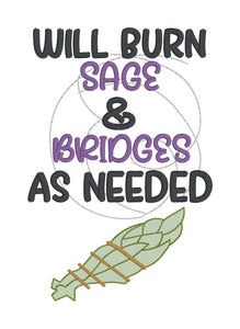 Will burn sage & bridges as needed embroidery design (4 sizes included) DIGITAL DOWNLOAD